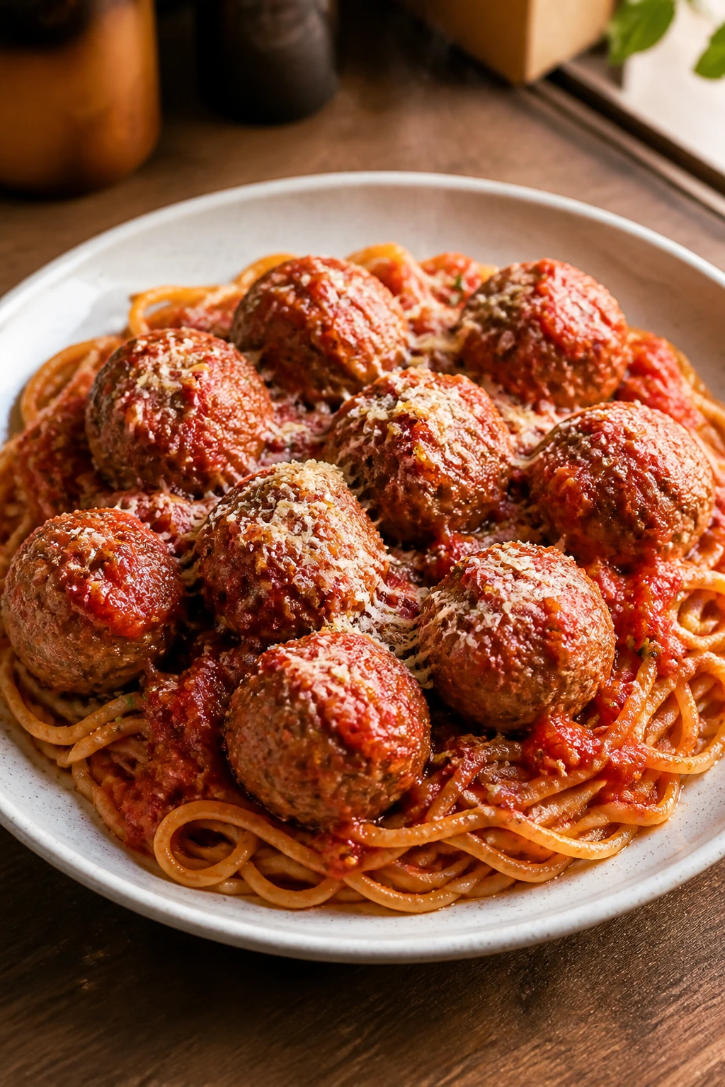 Close-up of turkey meatballs on spaghetti with marinara on a plate