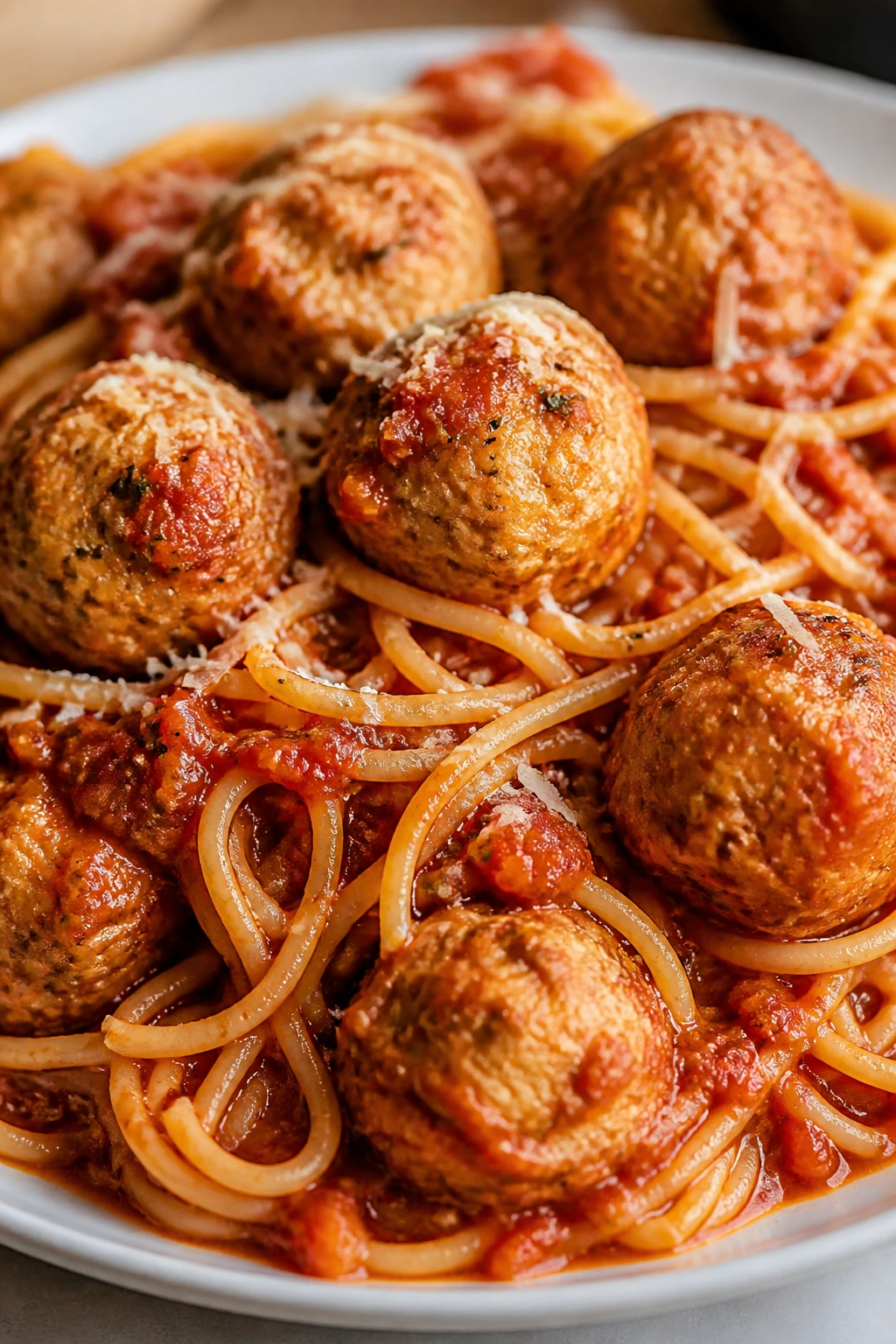 Plate of turkey meatballs with spaghetti in marinara sauce, with parmesan