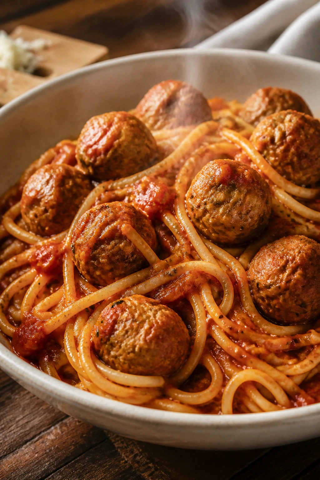 Close-up of turkey meatballs with spaghetti in marinara sauce