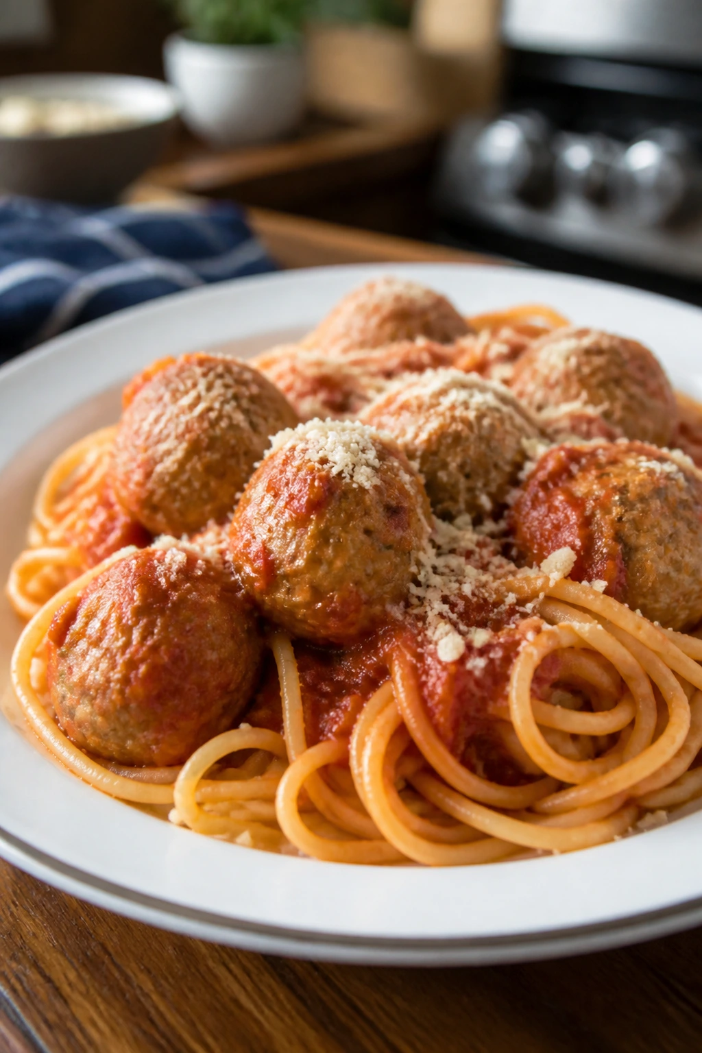 Plate of turkey meatballs and spaghetti in marinara sauce