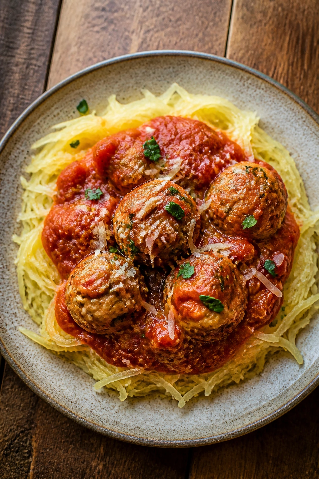 Close-up of turkey meatballs marinara on spaghetti squash