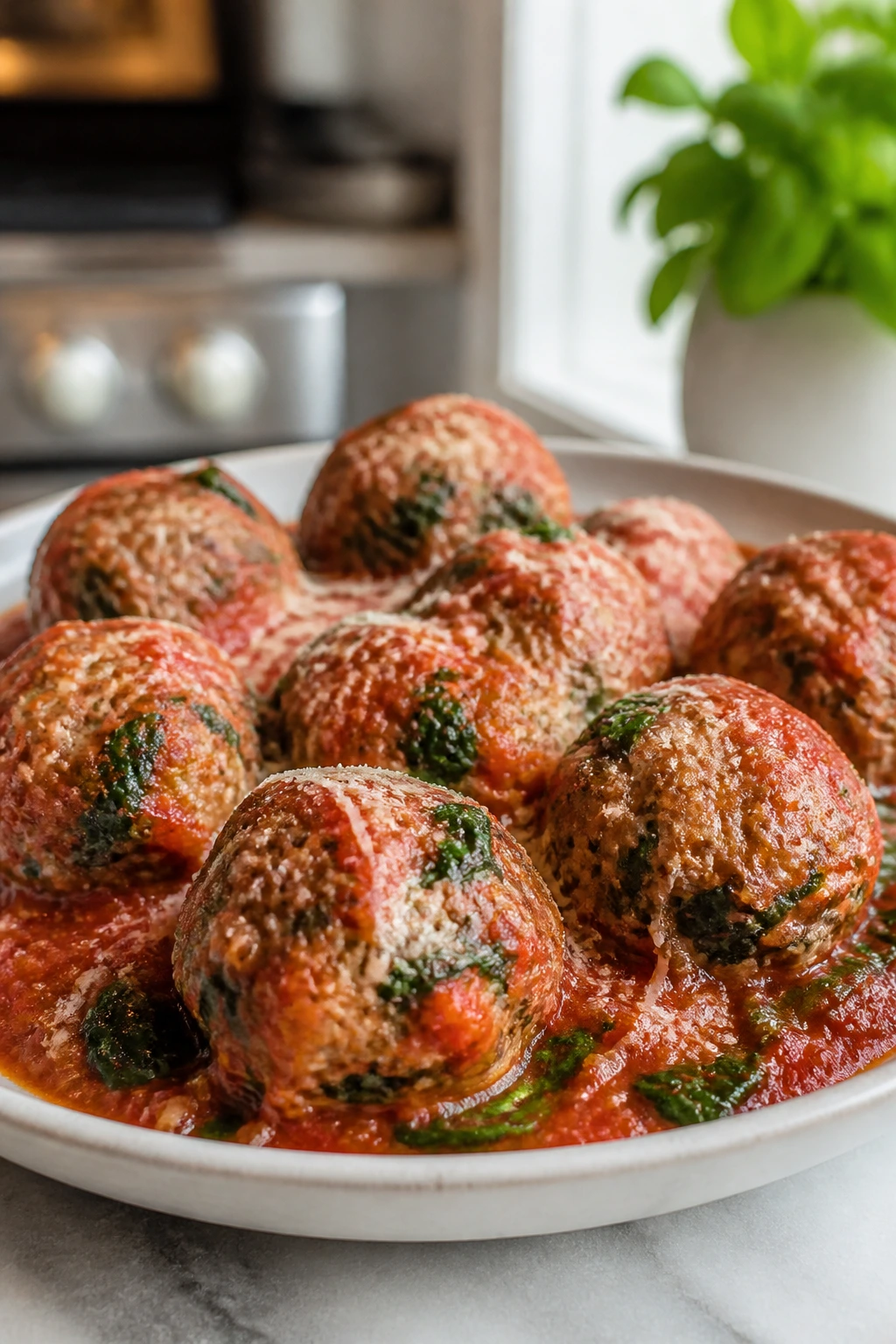 Close-up of turkey meatballs in marinara with spinach in a plate