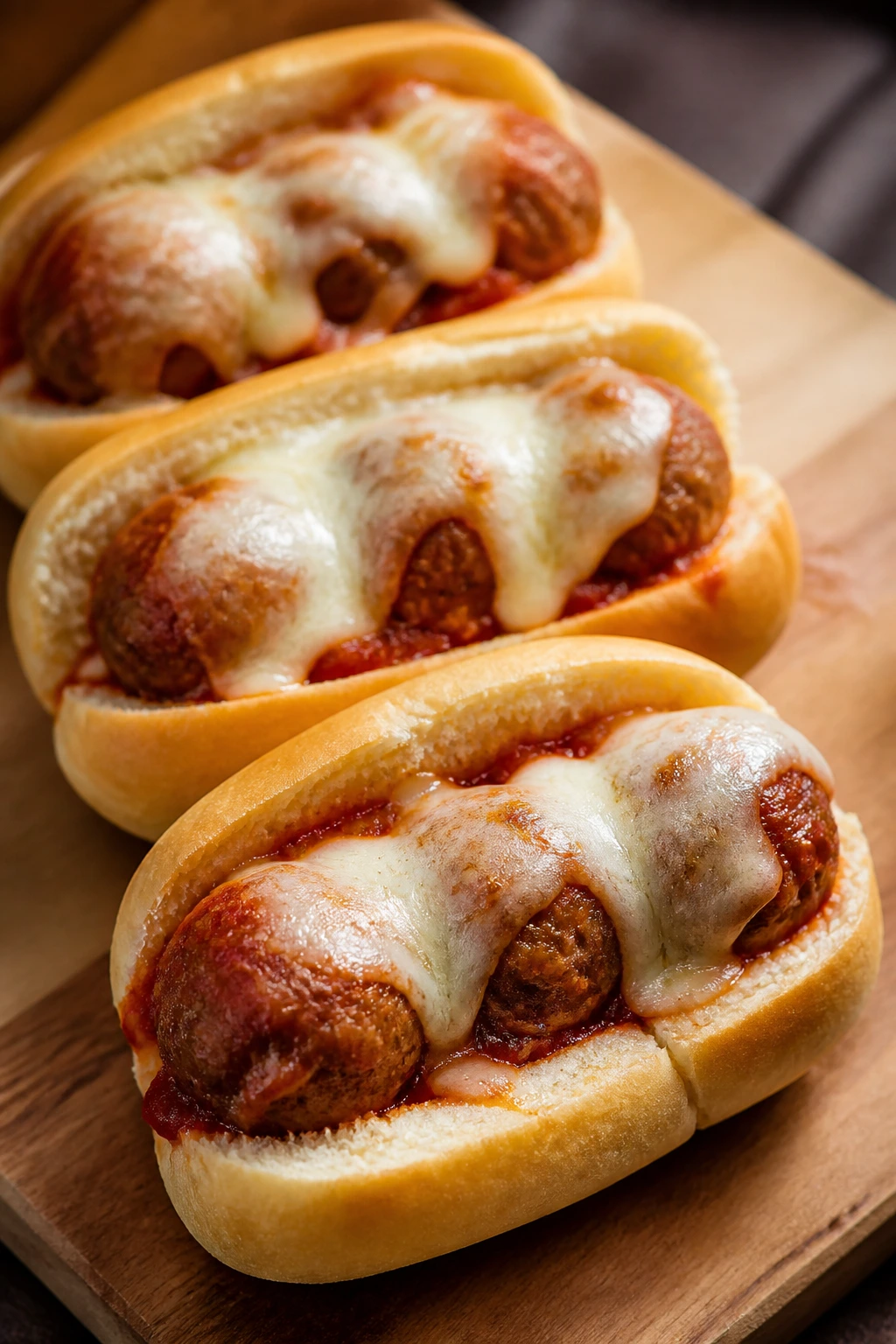 Three miniature turkey meatball subs with melted cheese on a wooden board
