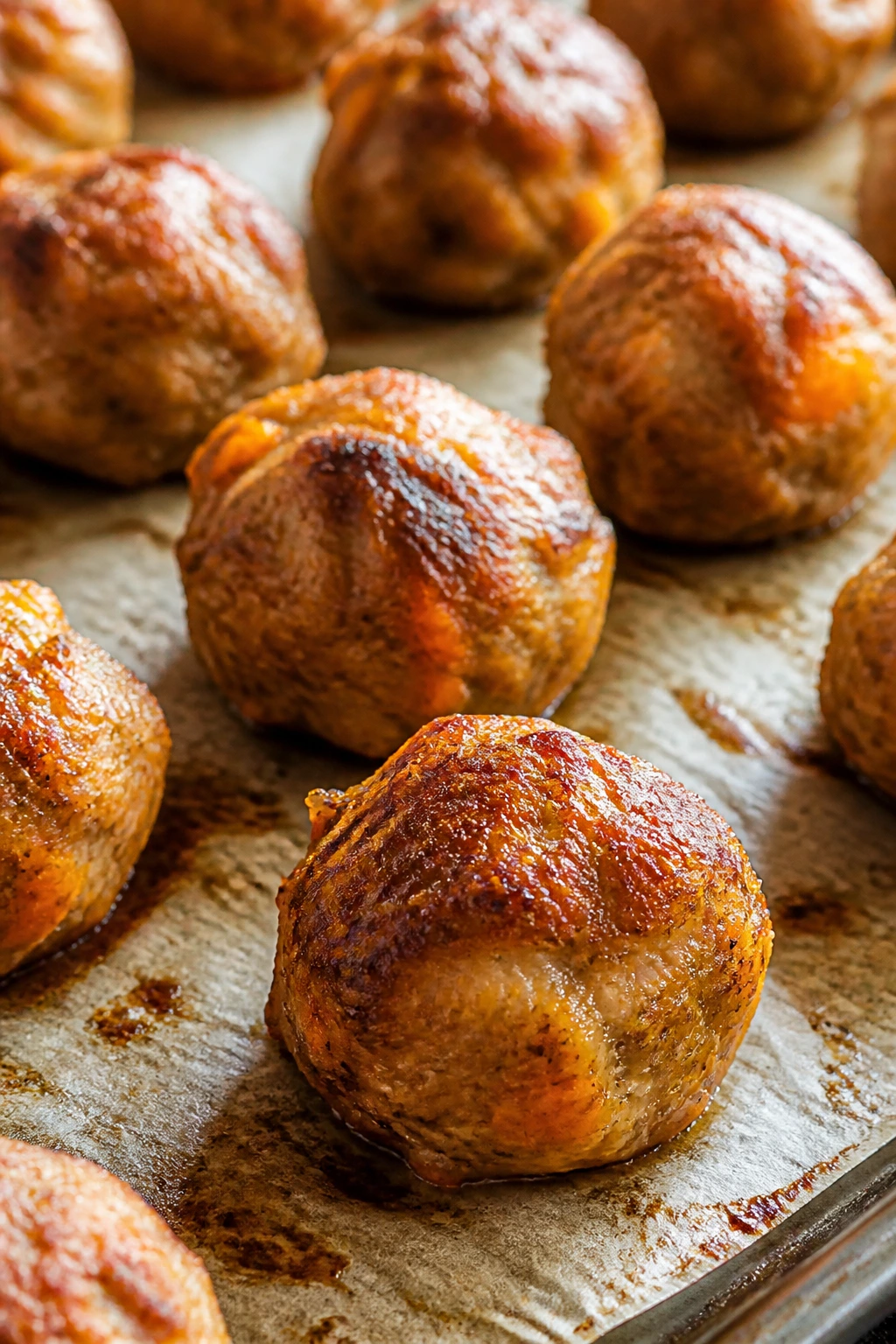 Close-up of baked turkey and sweet potato meatballs on parchment