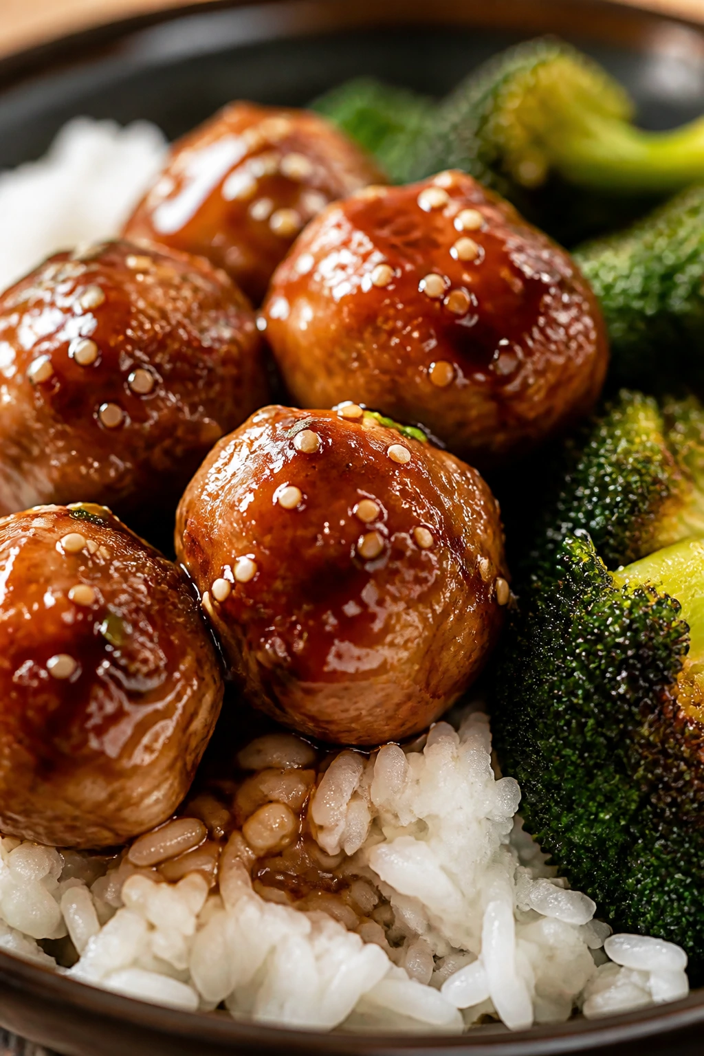 Glossy teriyaki turkey meatballs over rice with broccoli