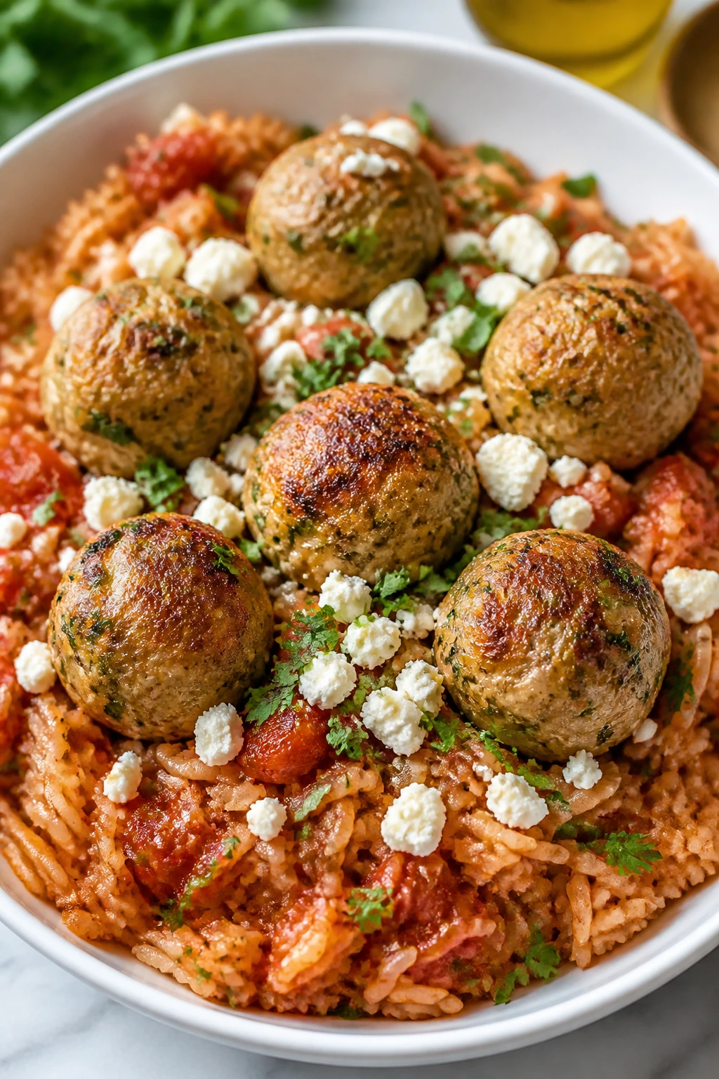Turkey meatballs over tomato rice with feta and parsley