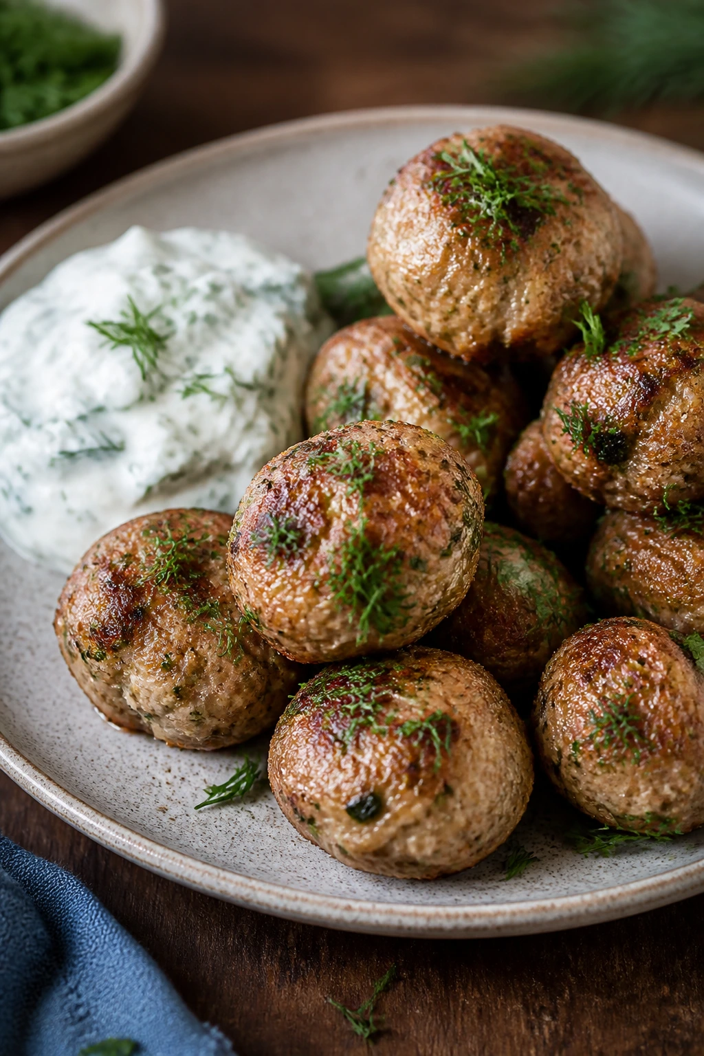 Turkey meatballs with tzatziki on plate