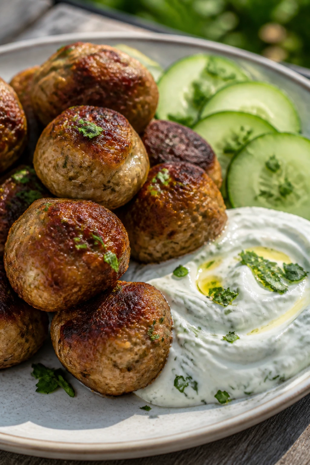 Turkey meatballs with tzatziki on a plate outdoors