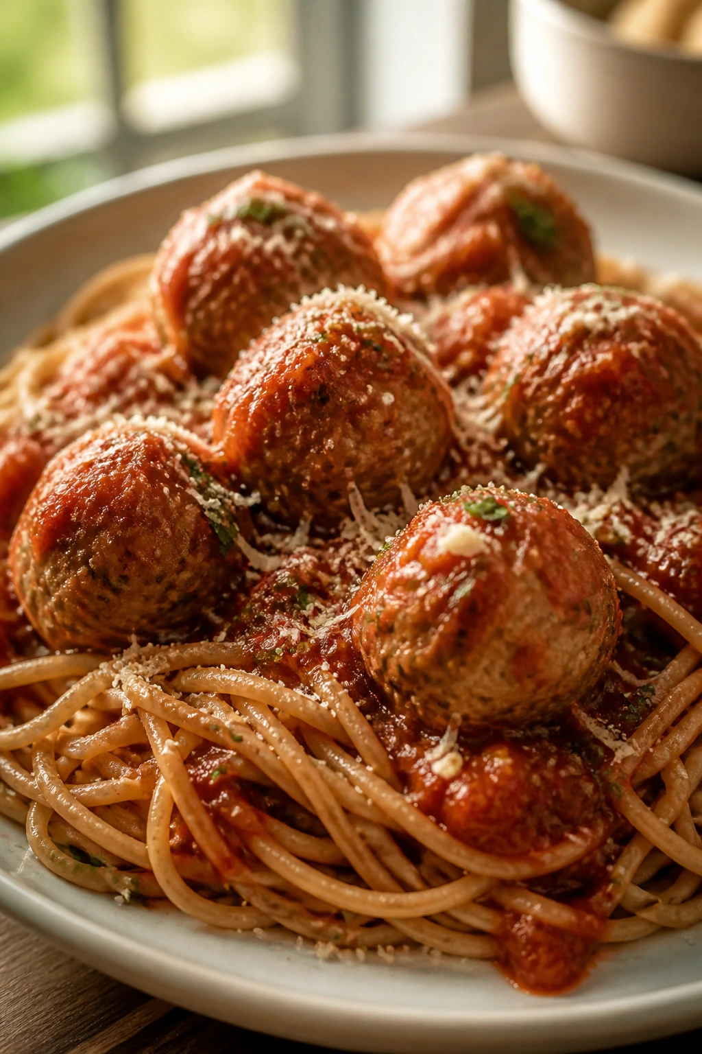 Close-up of turkey meatballs with whole-wheat spaghetti in marinara sauce