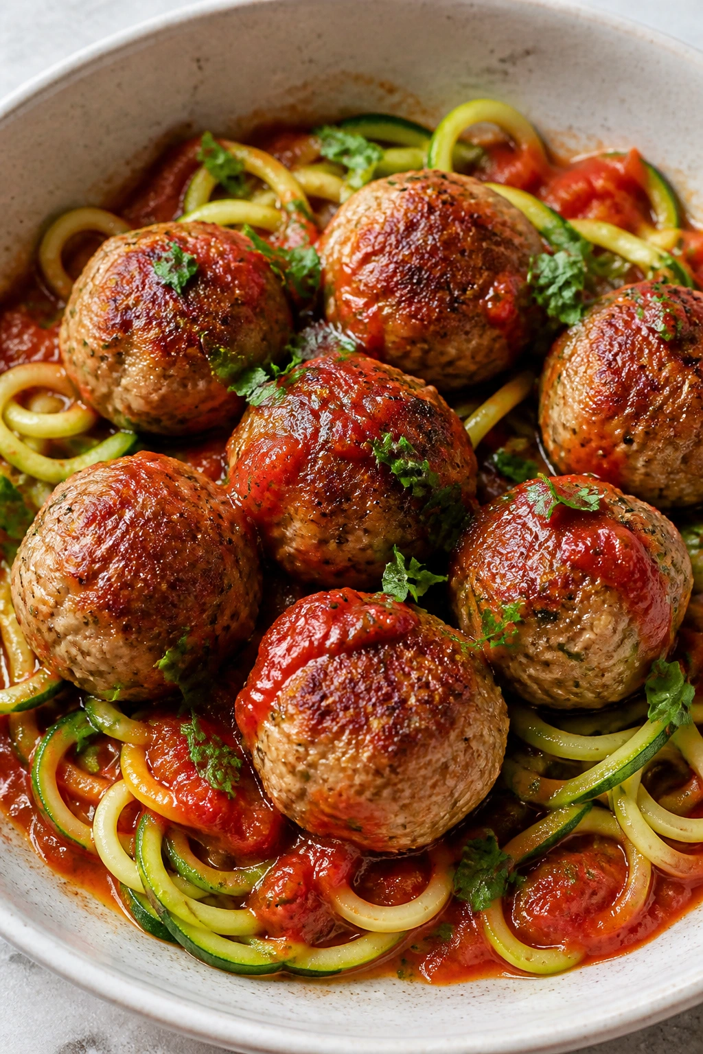 Close-up of turkey meatballs with zucchini noodles in sauce