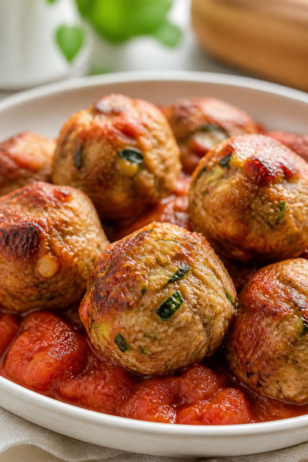 Close-up of hidden-veggie turkey meatballs on a plate with marinara