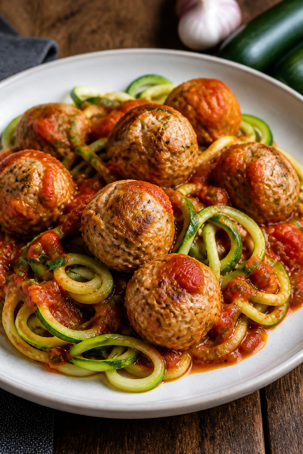 Turkey meatballs with zucchini and marinara on a plate