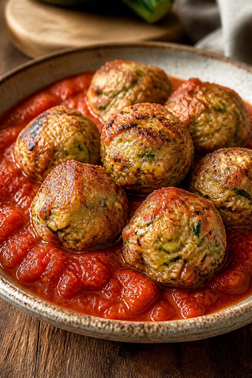 Close-up of turkey-zucchini meatballs in marinara sauce on a plate.
