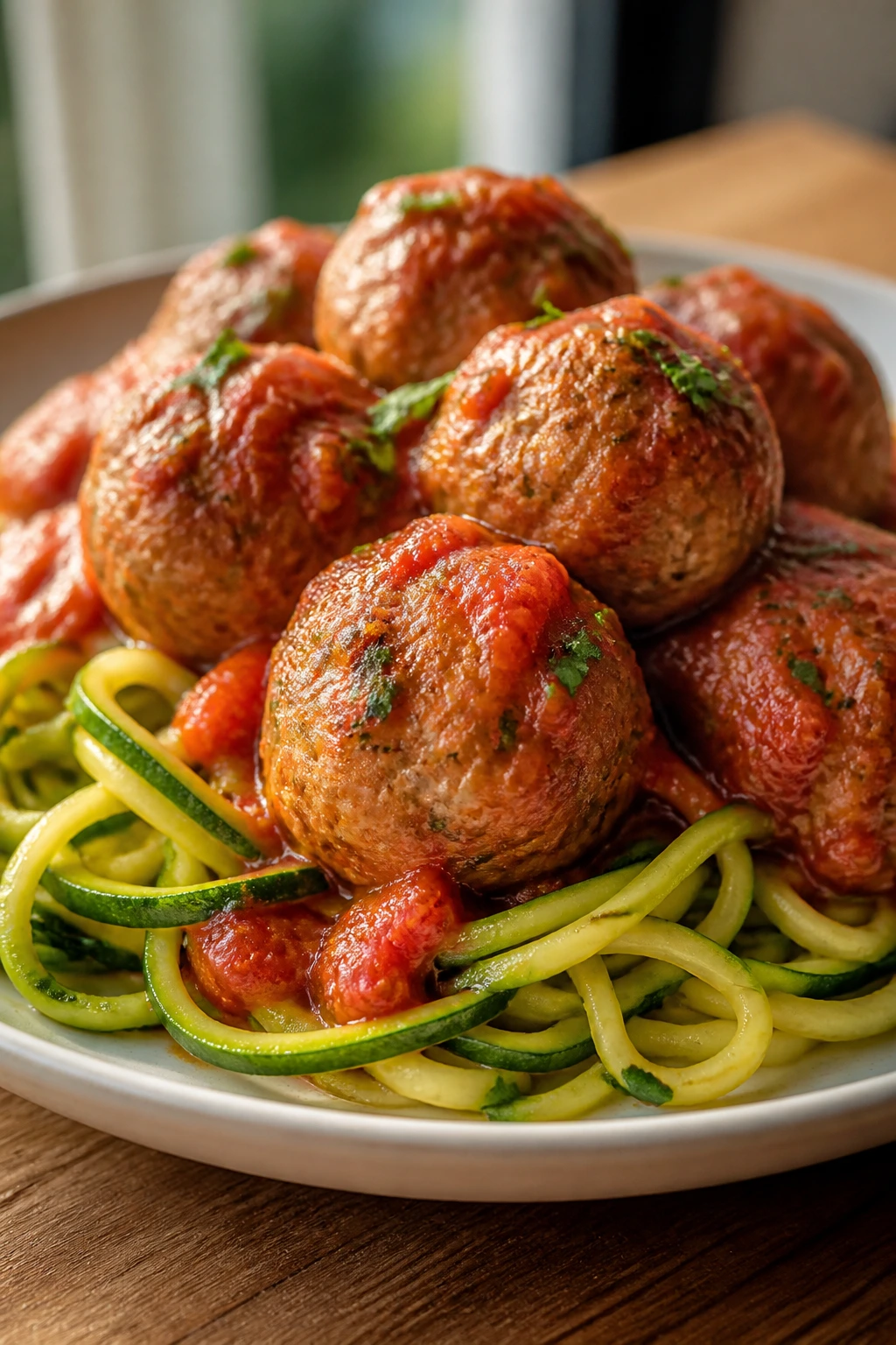 Close-up of turkey meatballs with zucchini noodles on a plate