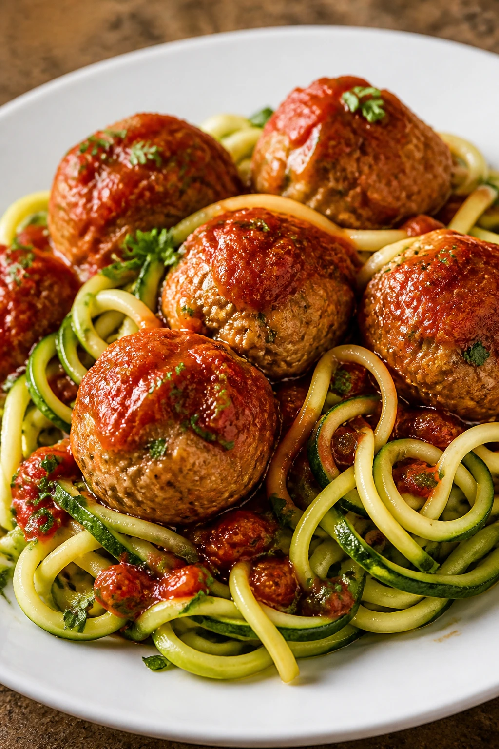 Plate of turkey meatballs with zucchini noodles in marinara sauce