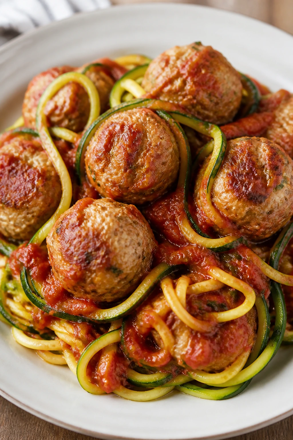 Turkey meatballs with zucchini noodles on a plate
