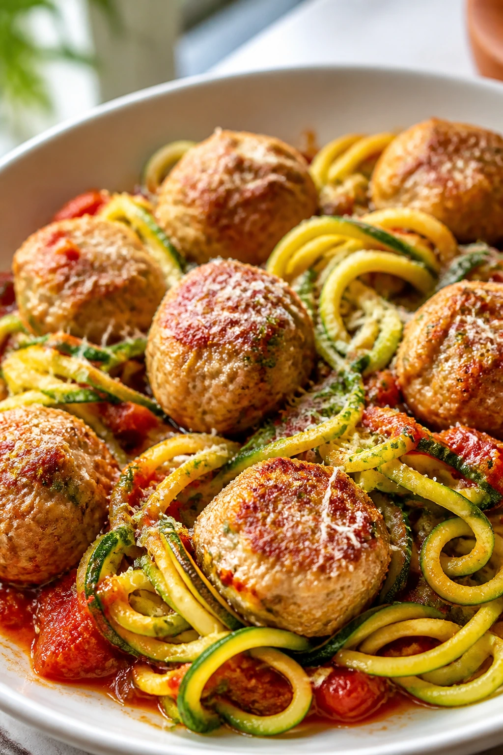 Turkey meatballs with zucchini noodles on a plate