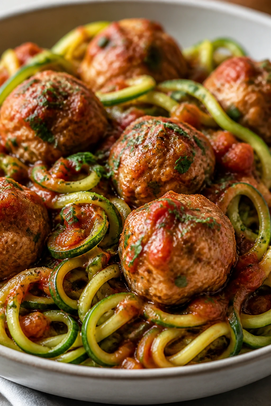 Close-up of turkey meatballs with zucchini noodles