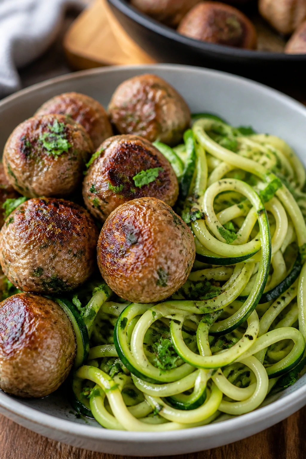Close-up of turkey meatballs with zucchini noodles on a plate in a warm kitchen