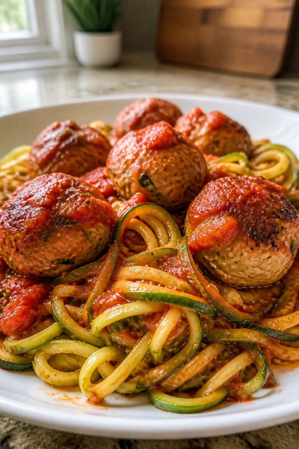 Close-up of turkey meatballs with zucchini noodles in marinara on a plate