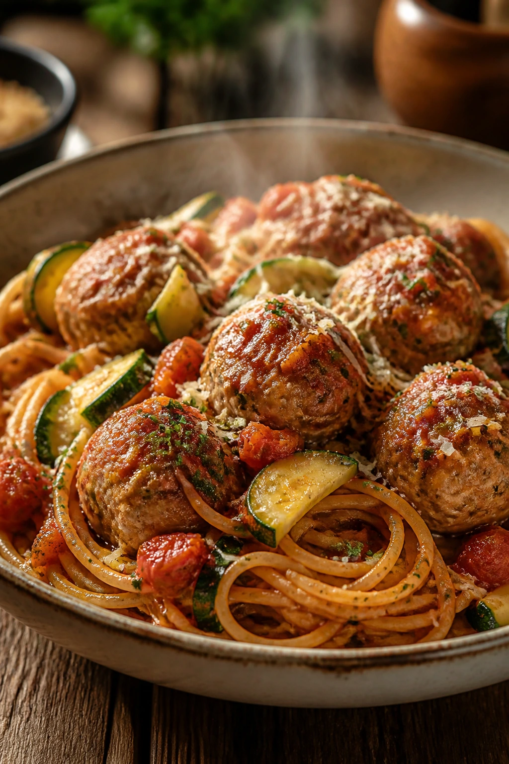 Close-up of turkey meatballs with zucchini and whole-wheat spaghetti on a plate in a warm kitchen