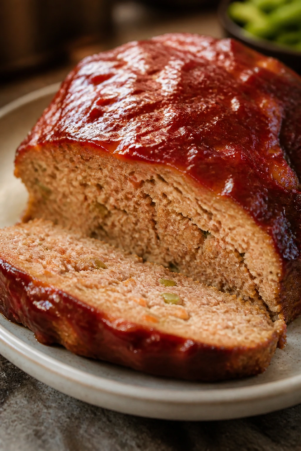 Turkey meatloaf slice with glaze on plate.