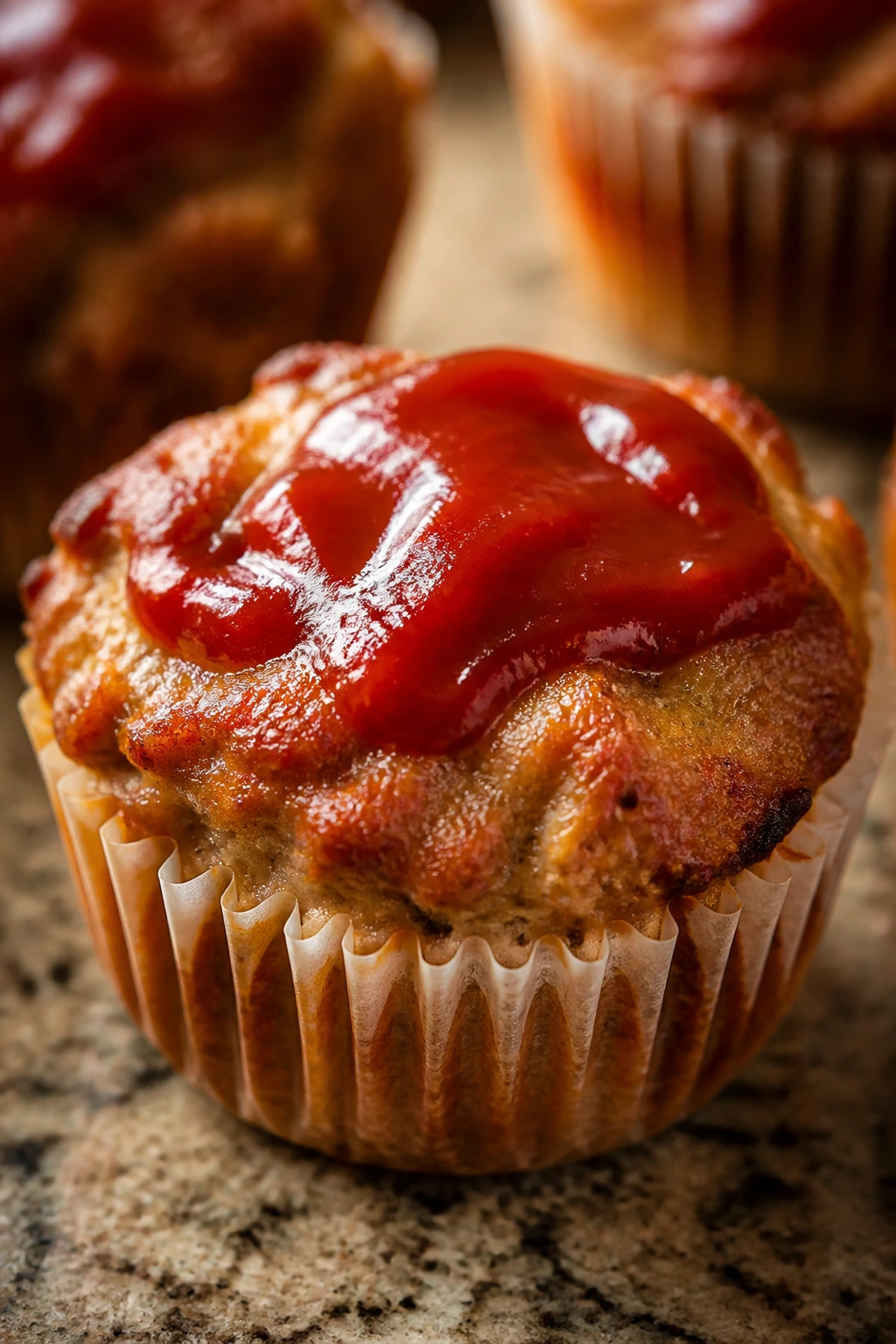 Turkey meatloaf muffin with ketchup glaze in a muffin cup.
