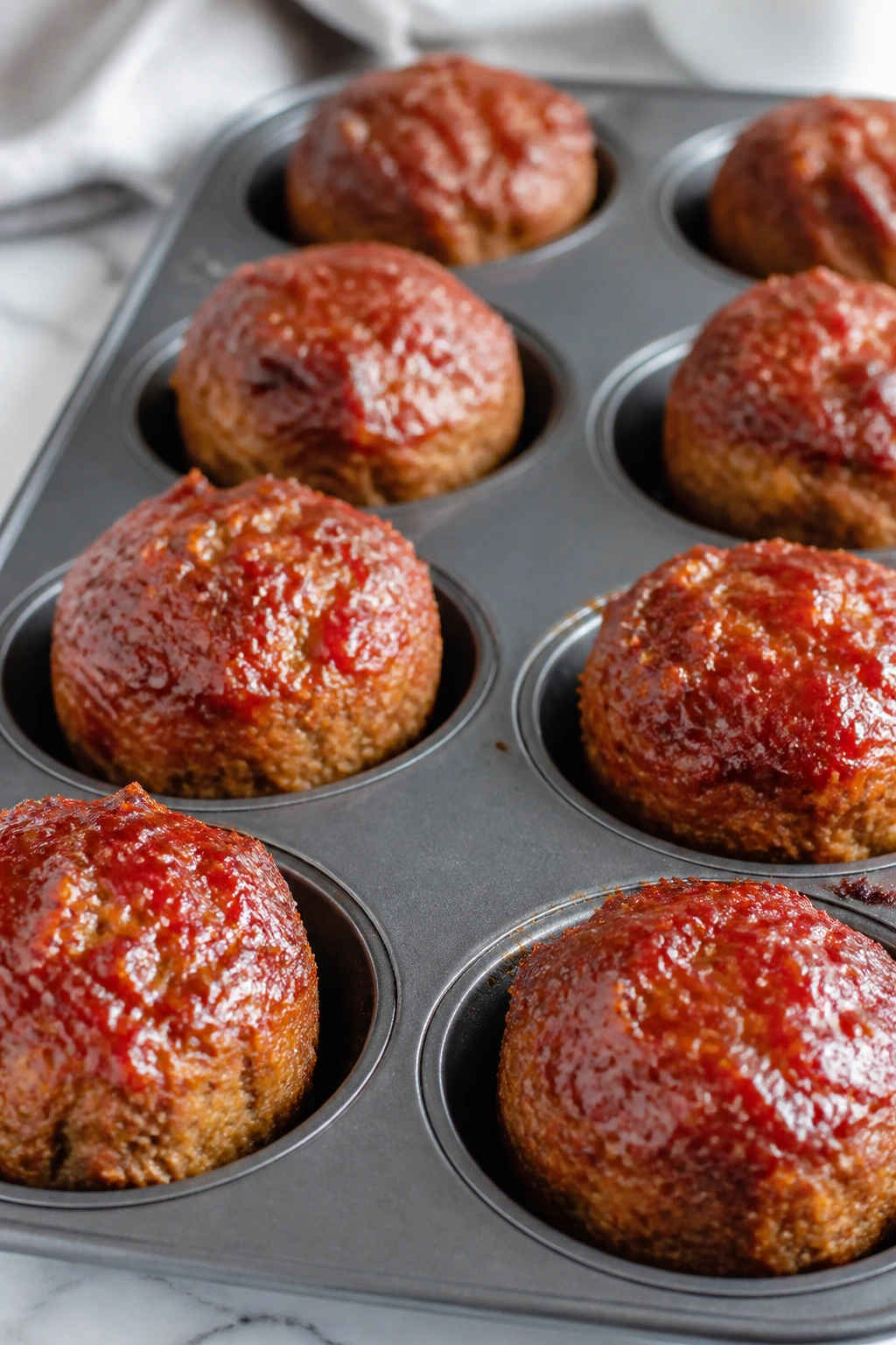 Close-up of mini turkey meatloaf muffins in a muffin tin with golden crust