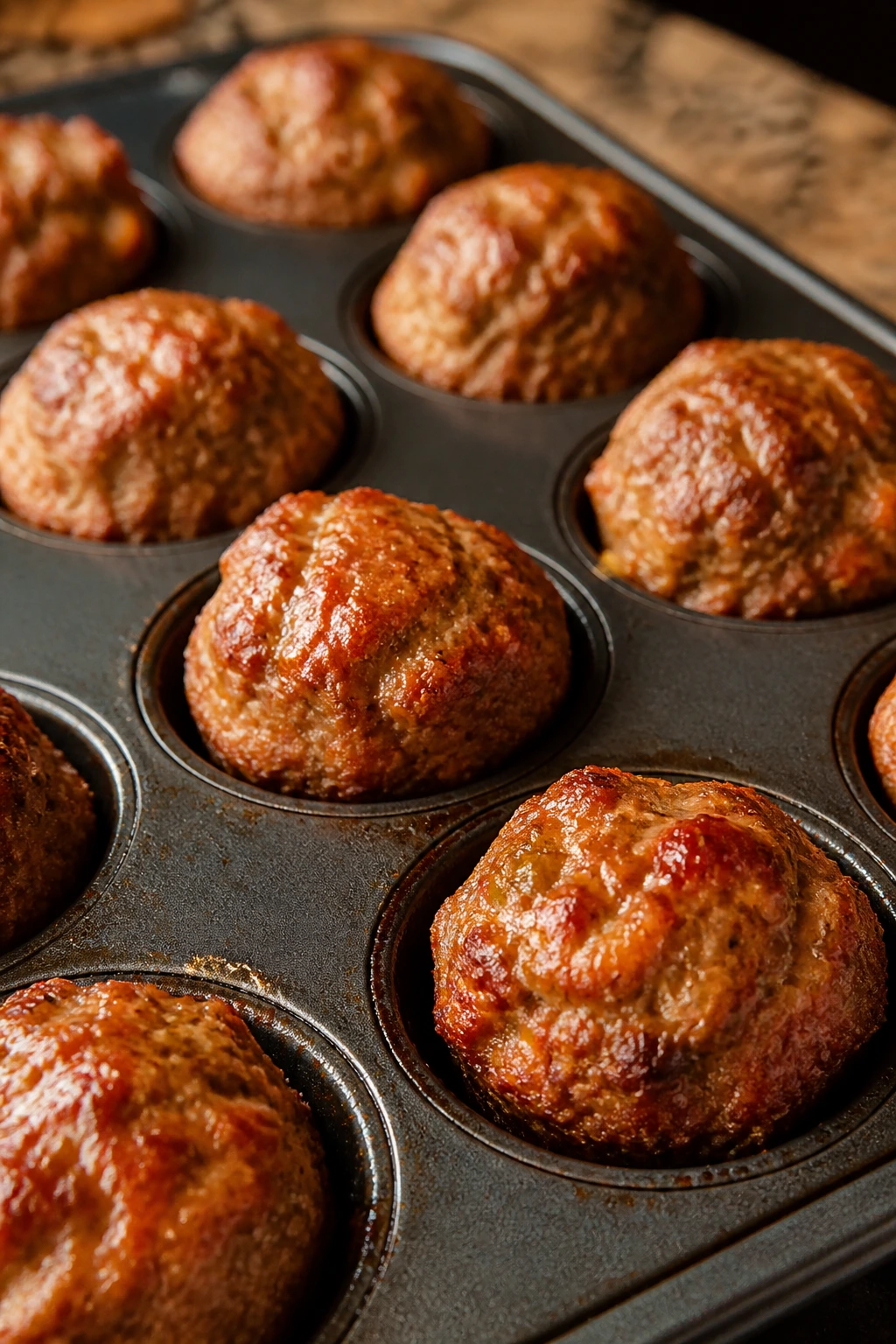 Close-up of mini turkey meatloaf muffins in muffin tin, golden crust
