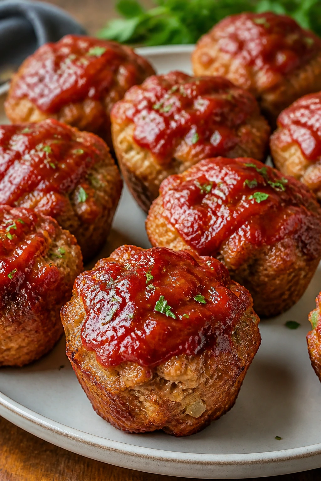 Close-up of turkey meatloaf muffins with glaze on plate