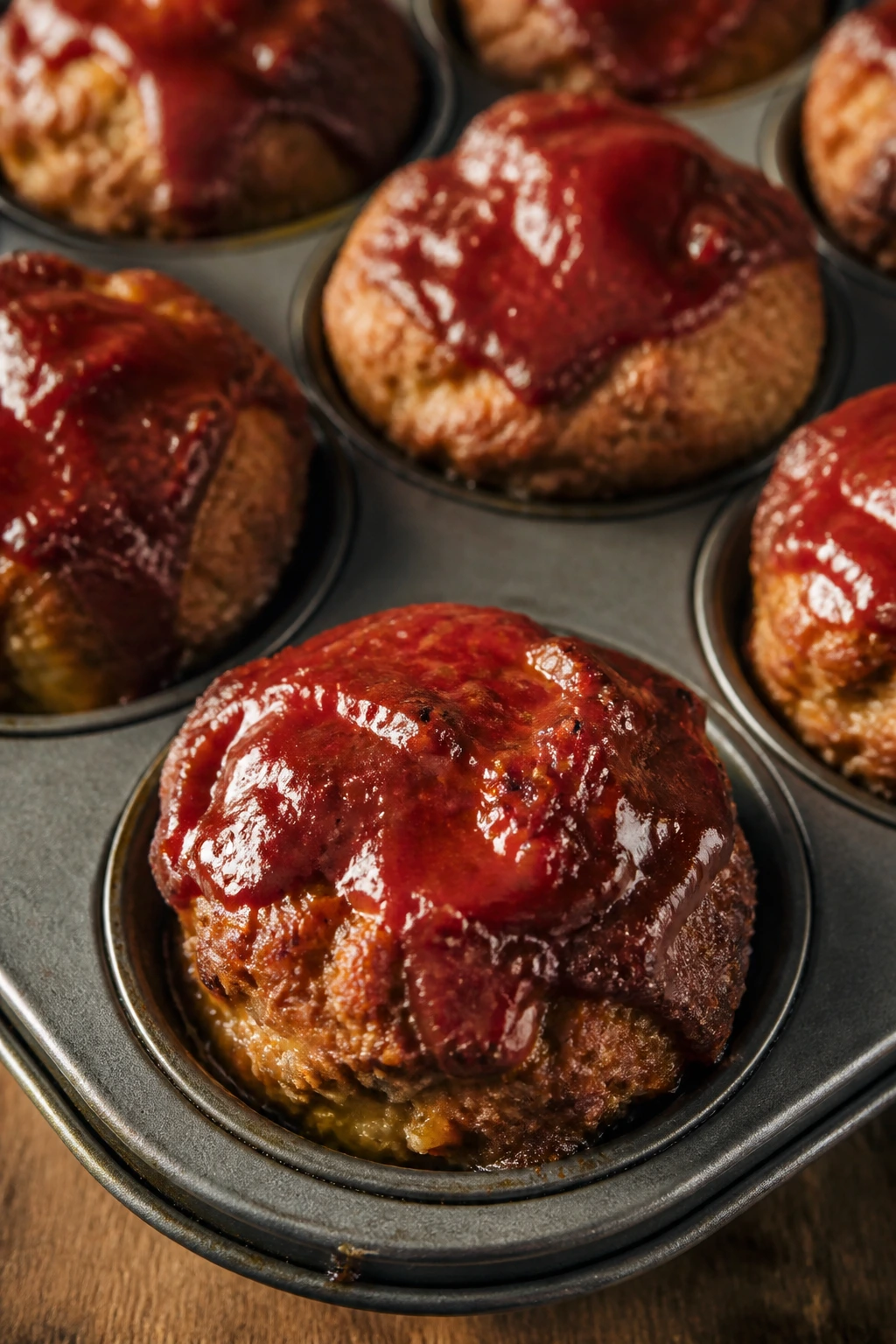 Mini turkey meatloaf muffins with glaze on a baking sheet
