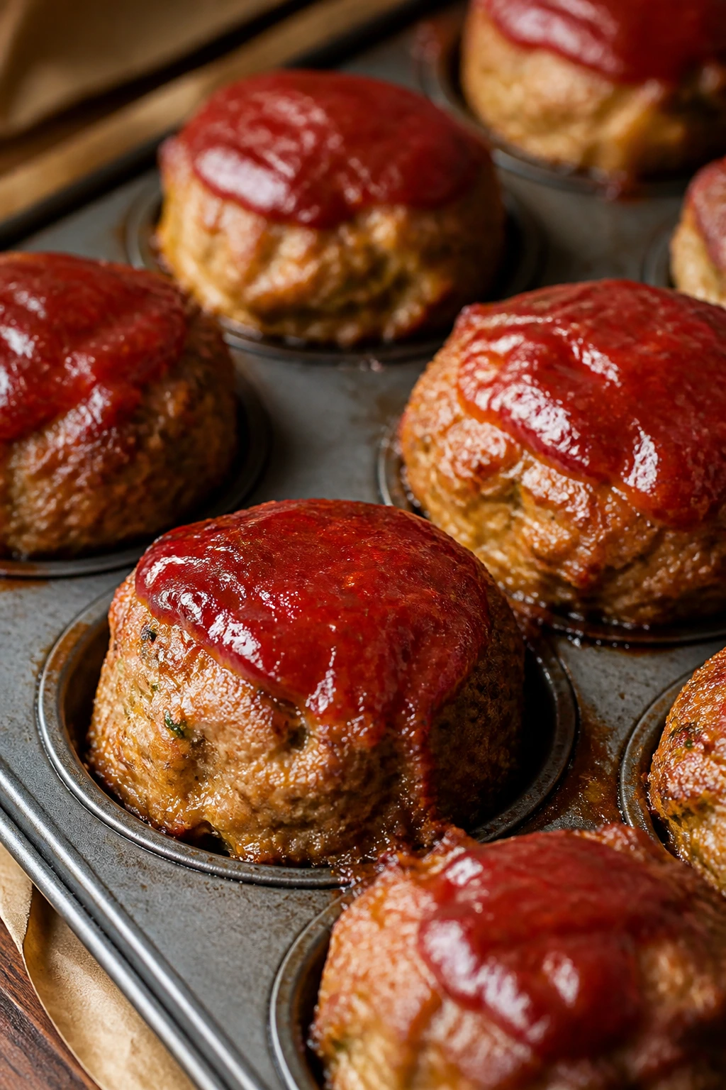 Mini turkey meatloaf muffins with ketchup glaze in a muffin tin