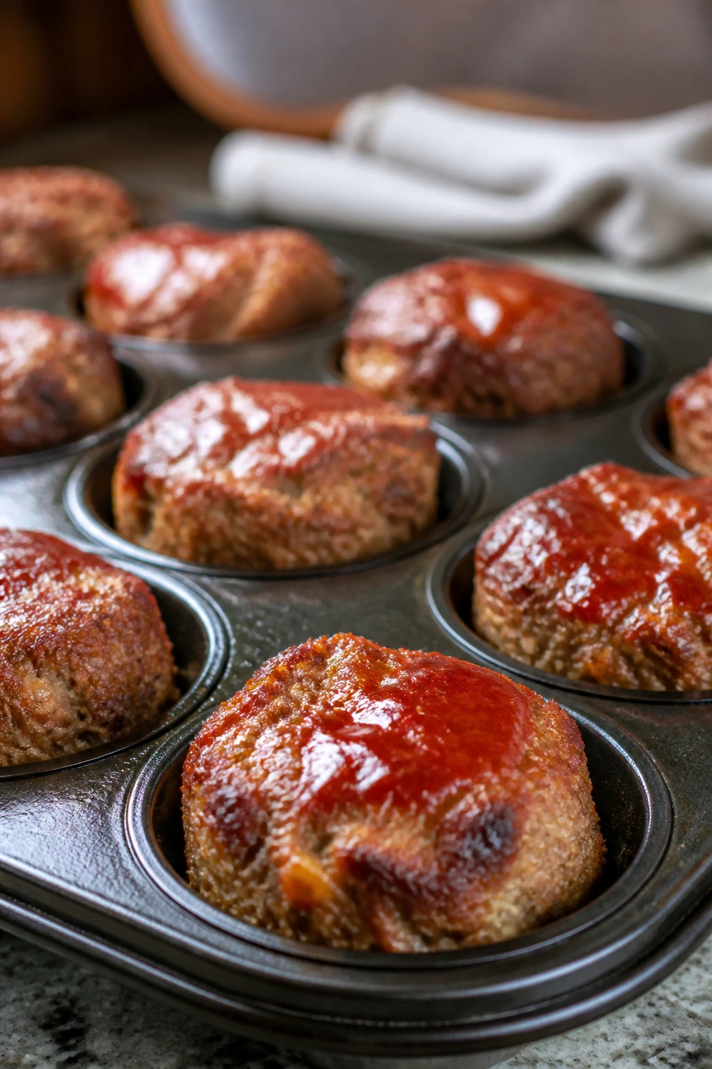 Turkey meatloaf muffins in a muffin tin with glaze