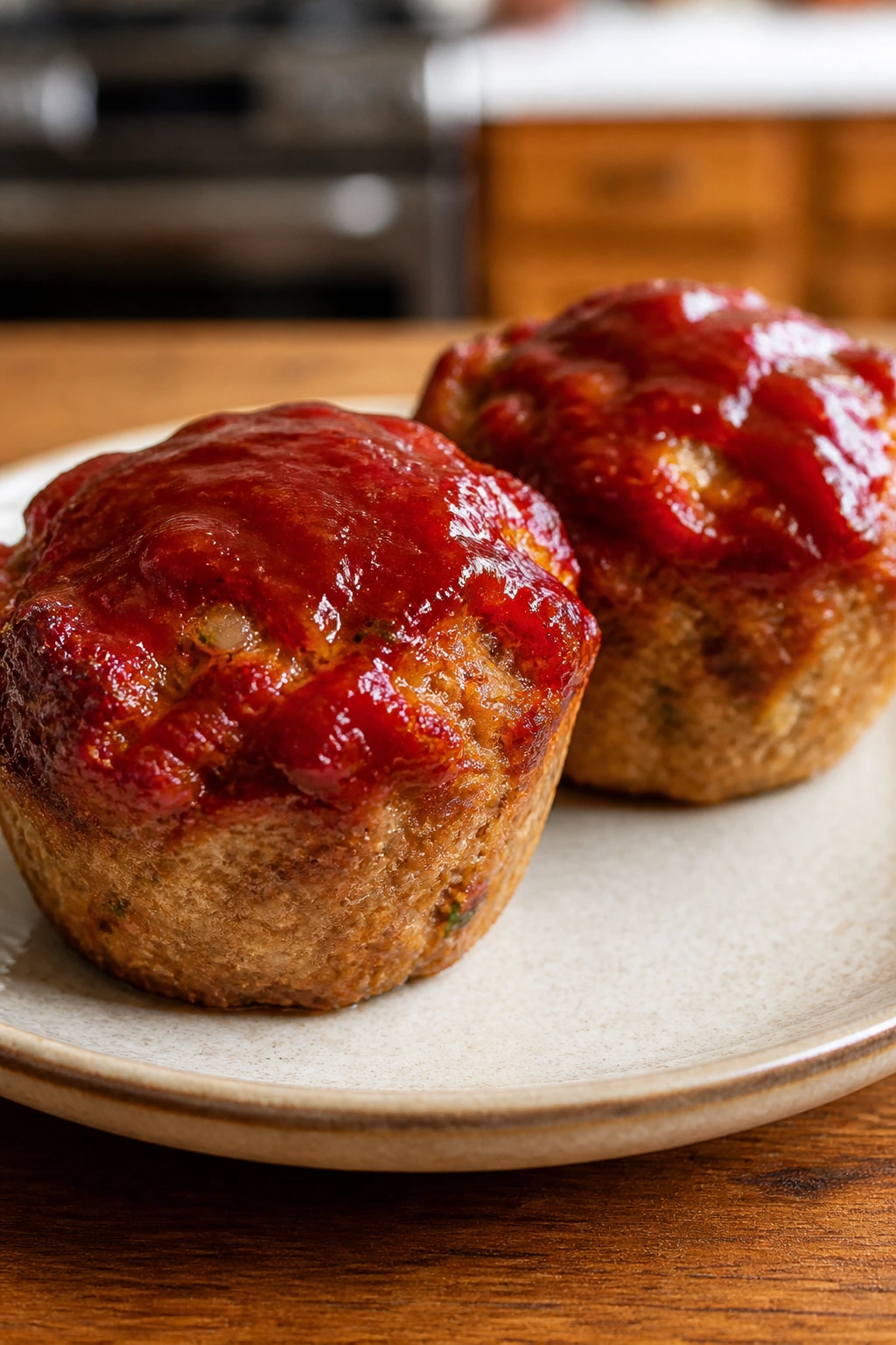 Close-up of mini turkey meatloaf muffins with glaze on plate