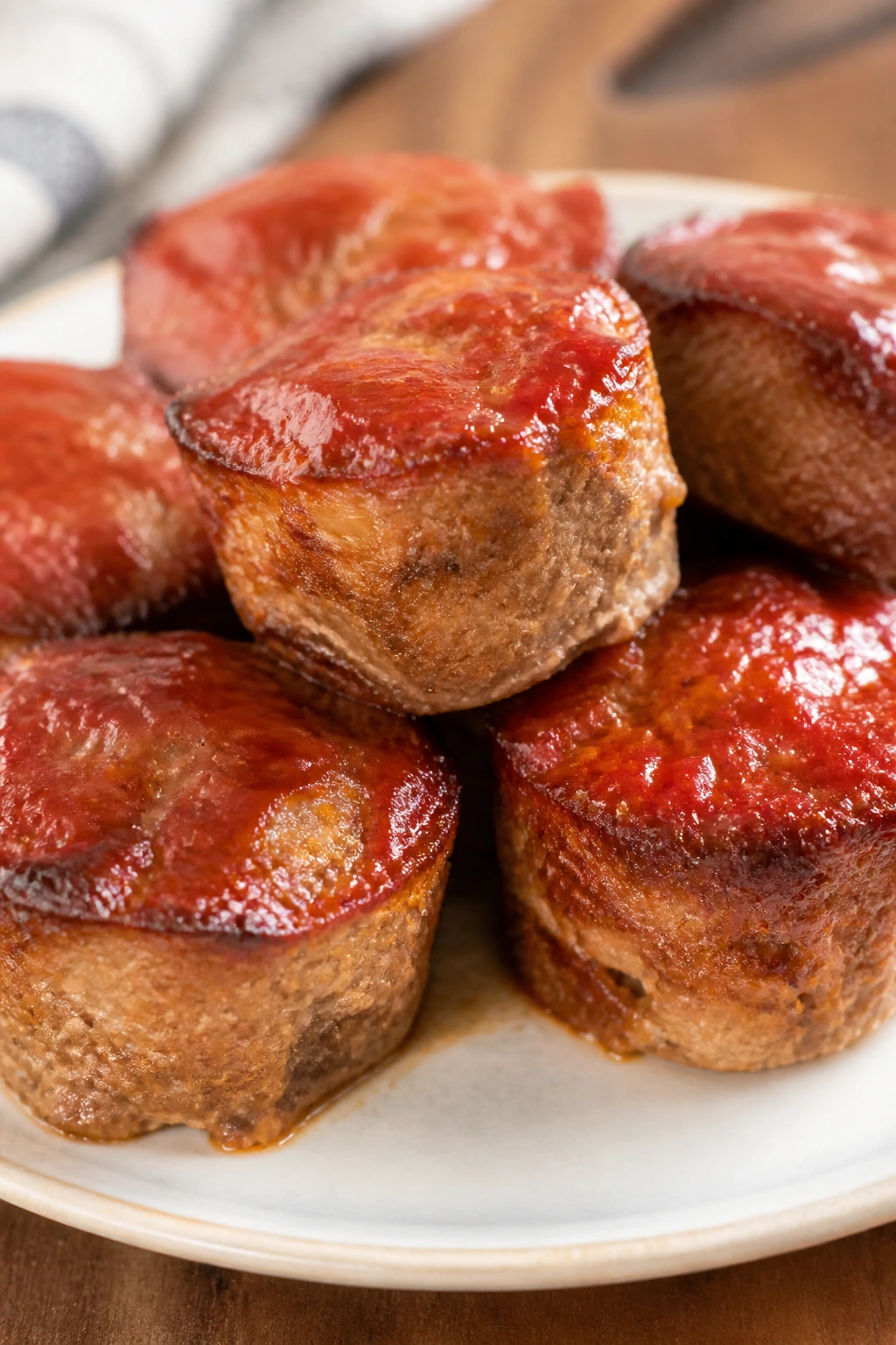 Close-up of mini turkey meatloaf muffins with glossy ketchup topping