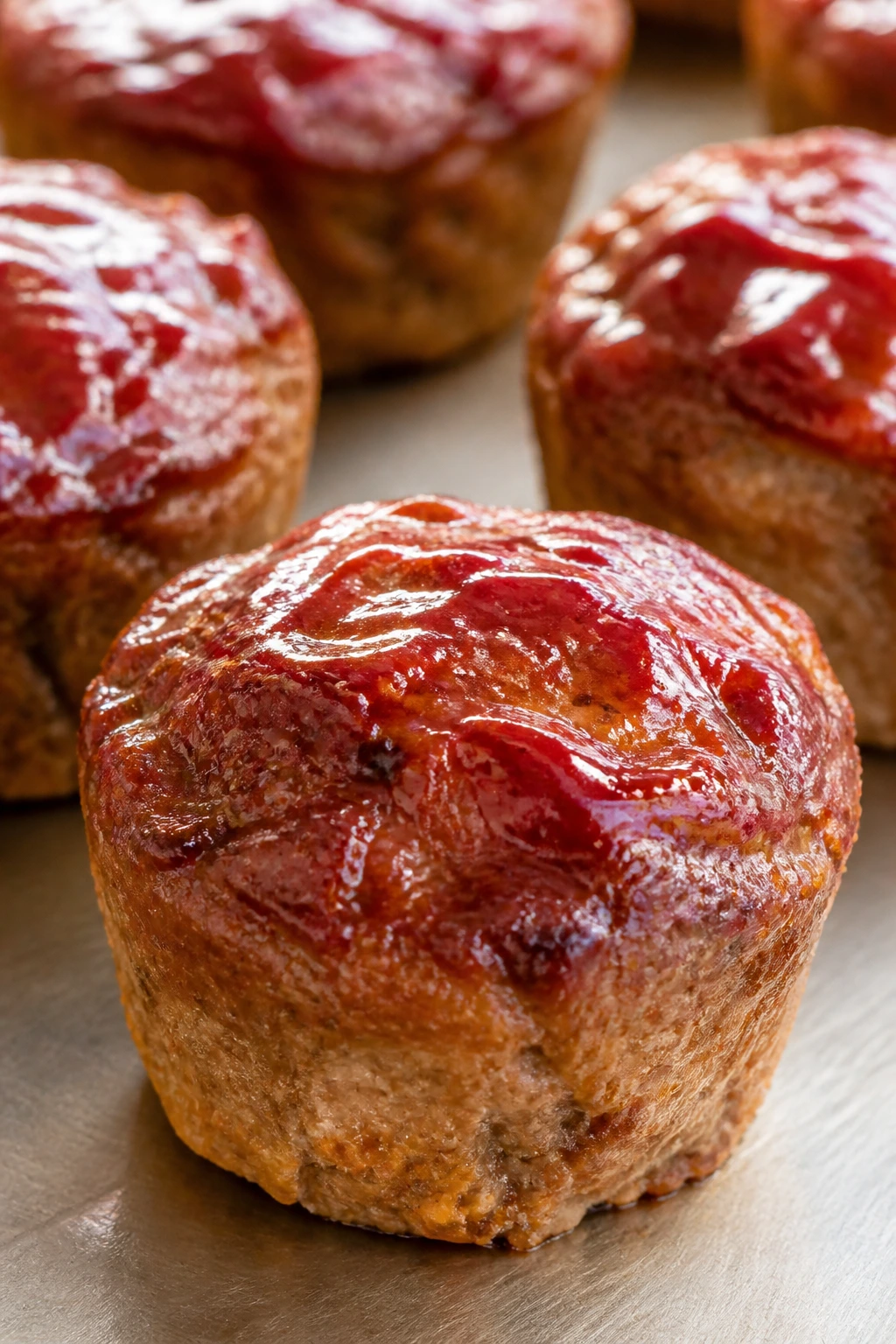 Close-up of turkey meatloaf muffins with ketchup glaze