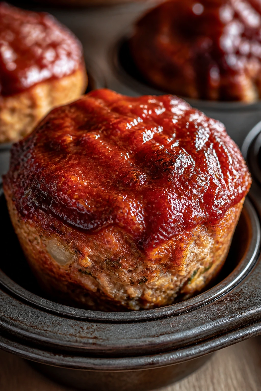 Close-up of a glazed turkey meatloaf muffin in a muffin tin