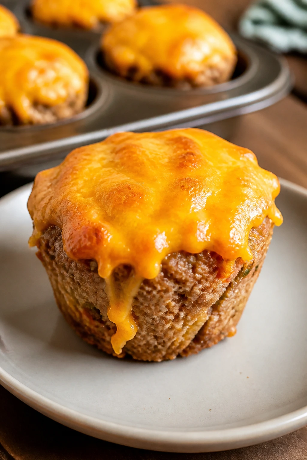Close-up of a turkey meatloaf muffin with cheddar cap