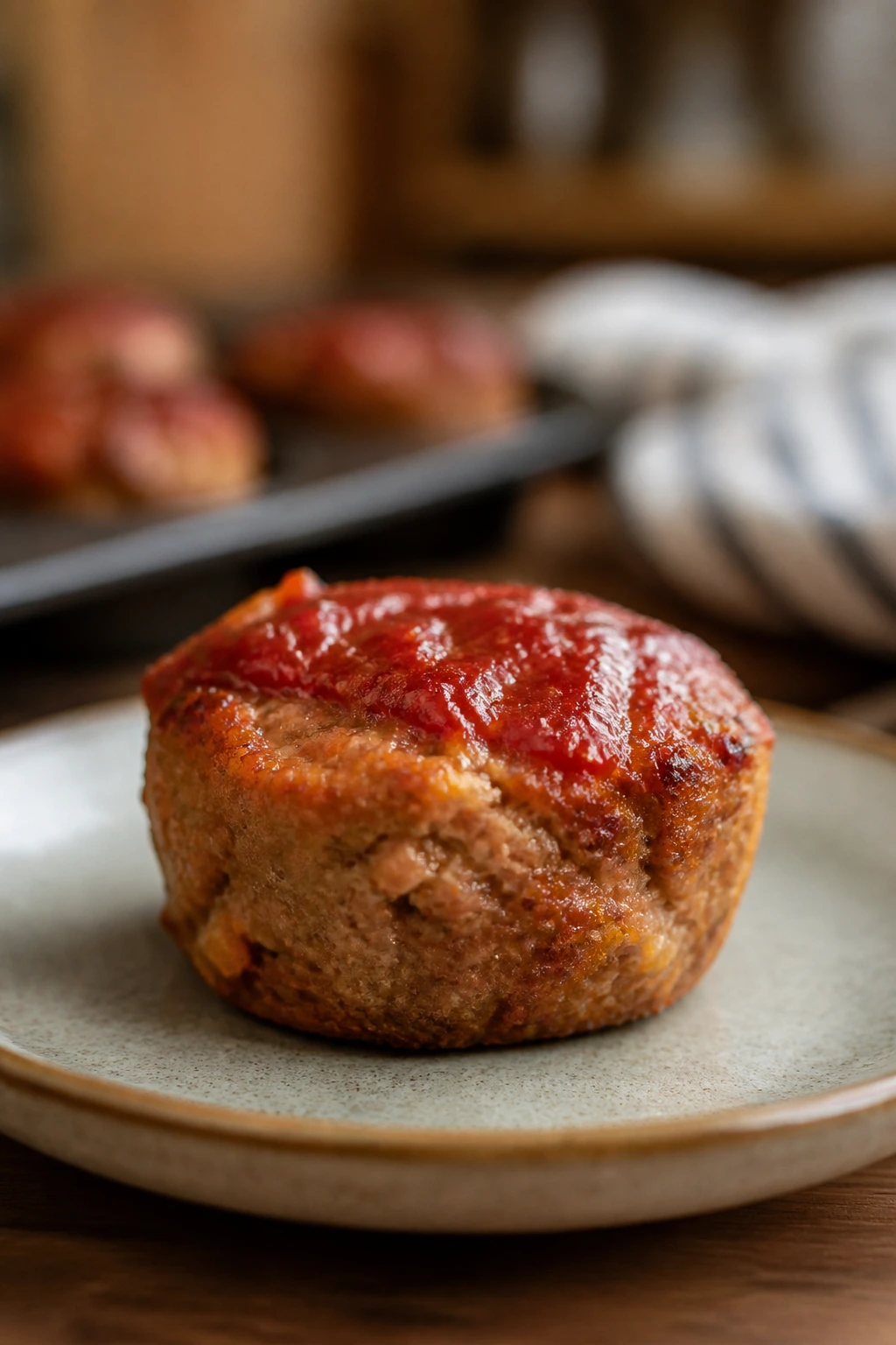 Close-up of a mini turkey meatloaf muffin with glaze