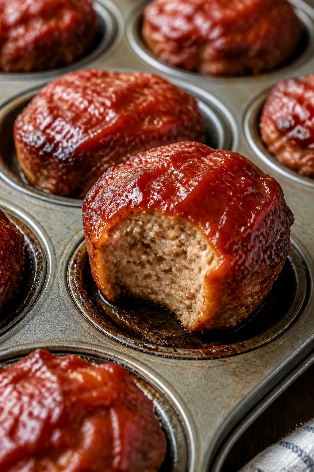 Close-up of turkey meatloaf muffins with a ketchup glaze in muffin cups.