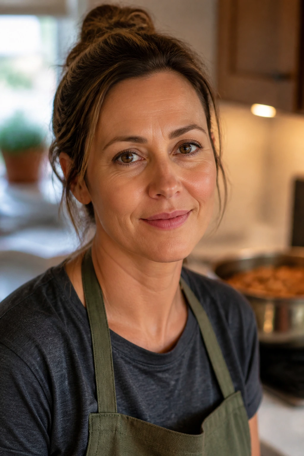 Portrait of a home cook in a cozy kitchen, content and confident about this turkey meatloaf recipe