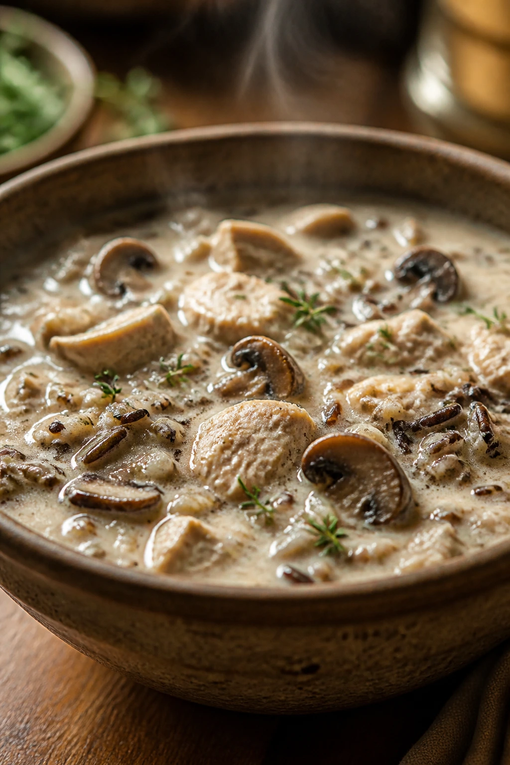 Close-up of creamy turkey mushroom wild rice soup in a rustic bowl.