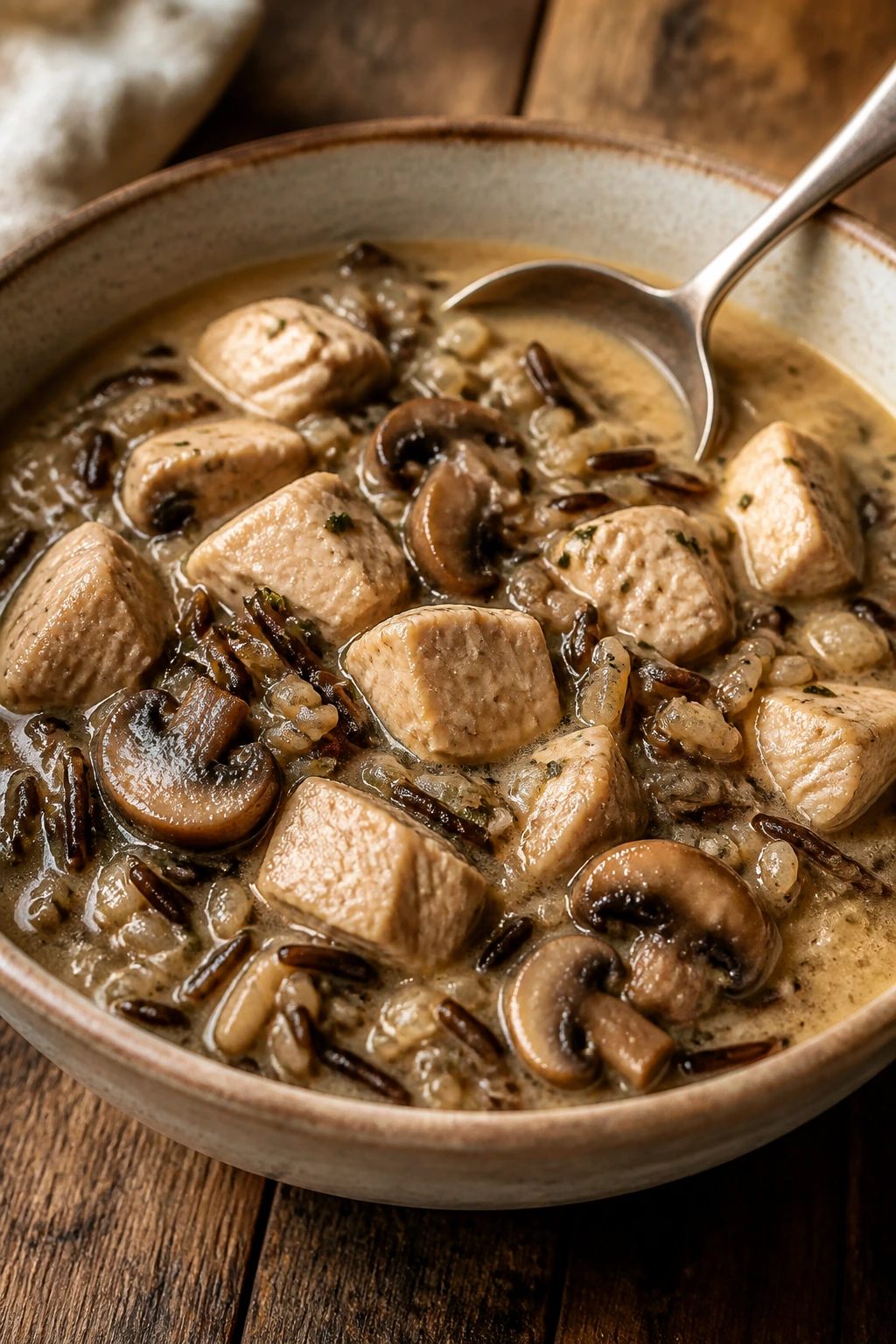 Turkey mushroom wild rice stew in a bowl.