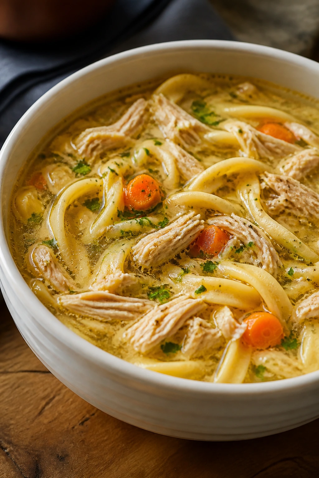 Steaming turkey noodle soup in a bowl with noodles