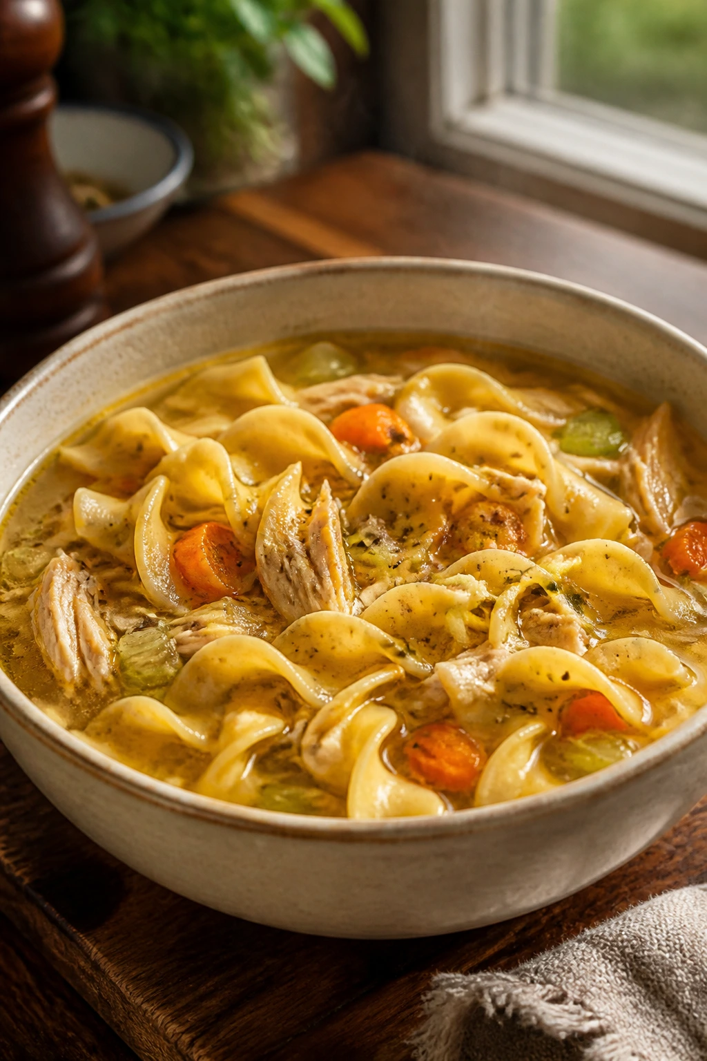Steaming bowl of turkey noodle soup with egg noodles and turkey in a rustic kitchen