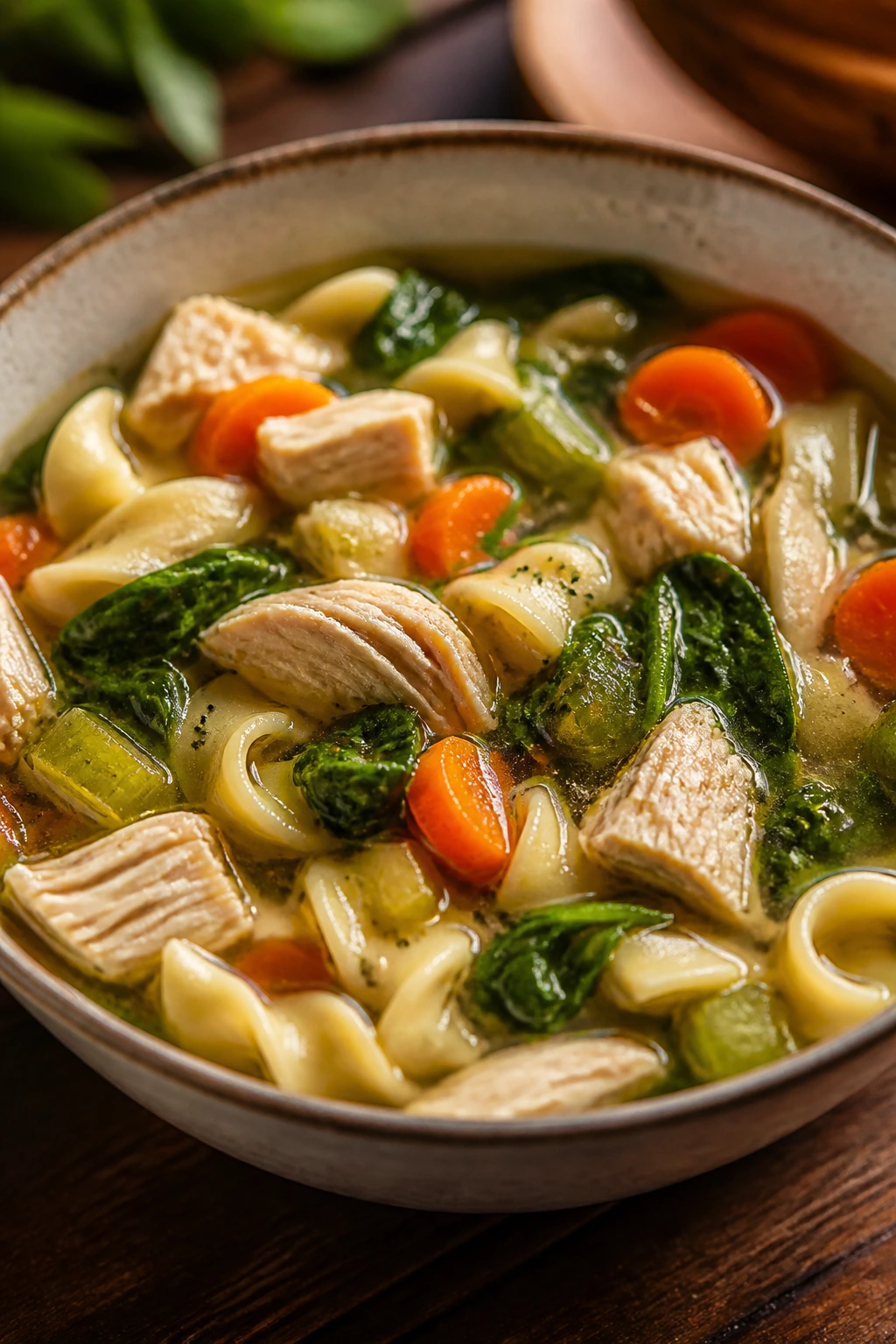 Steaming bowl of turkey veggie noodle soup