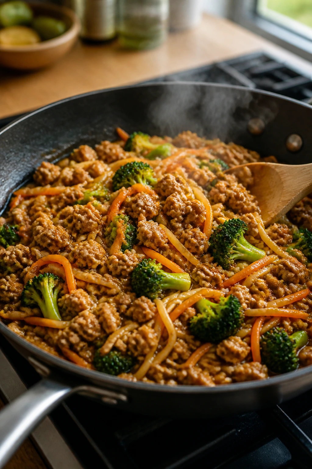 Medium close-up of ground turkey stir-fry noodles with vegetables