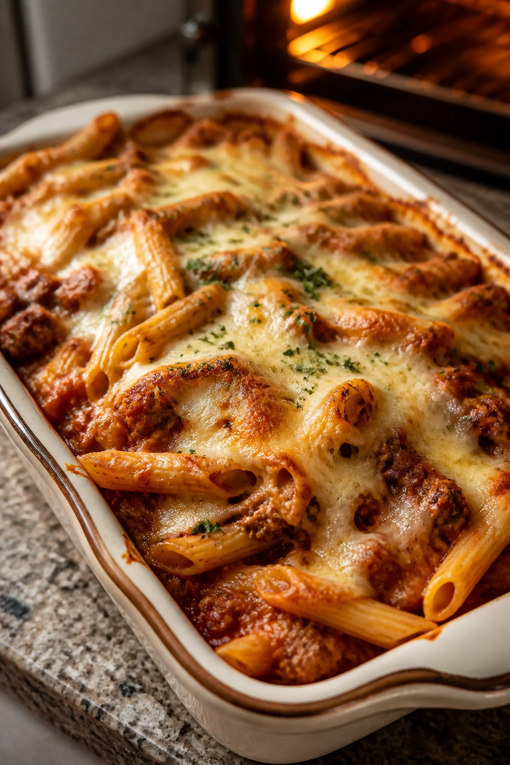 Close-up of turkey pasta bake with melted cheese