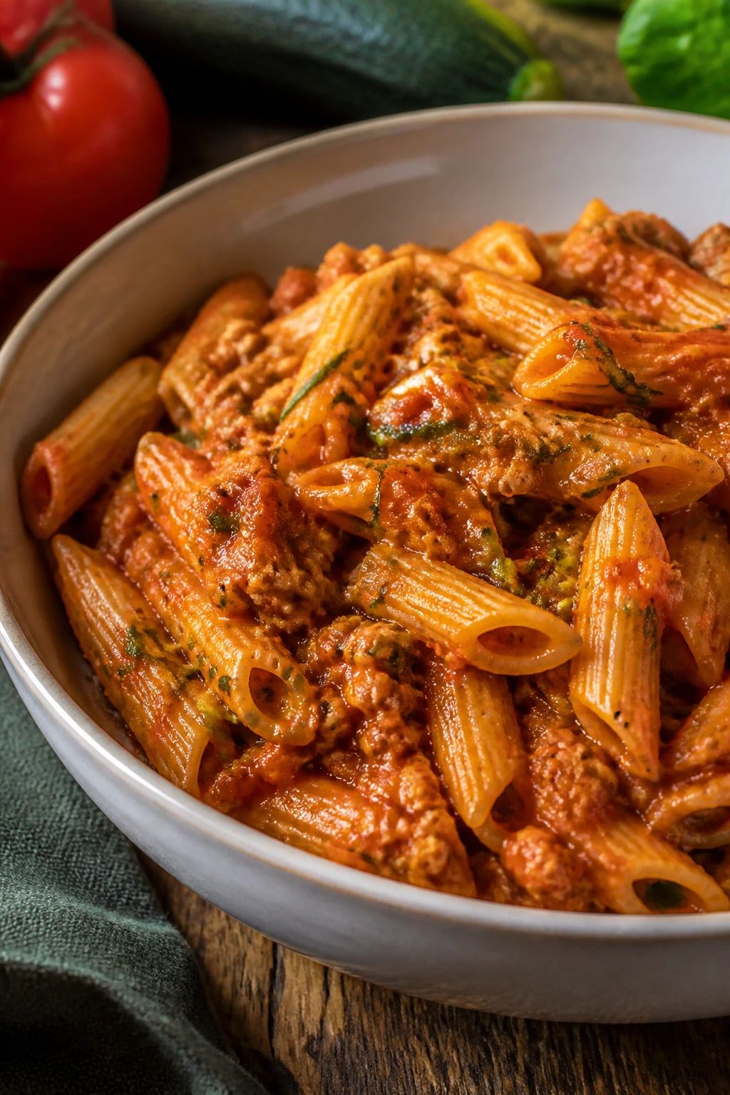 Bowl of pasta with turkey and hidden vegetables in marinara