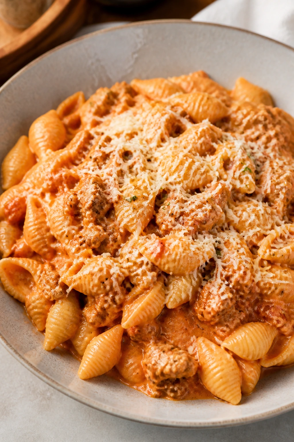 Close-up of turkey pasta shells with Parmesan in a bowl